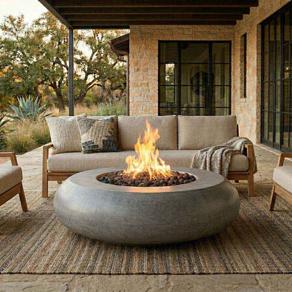 Gray concrete gas fire bowl with flame and black lava rocks