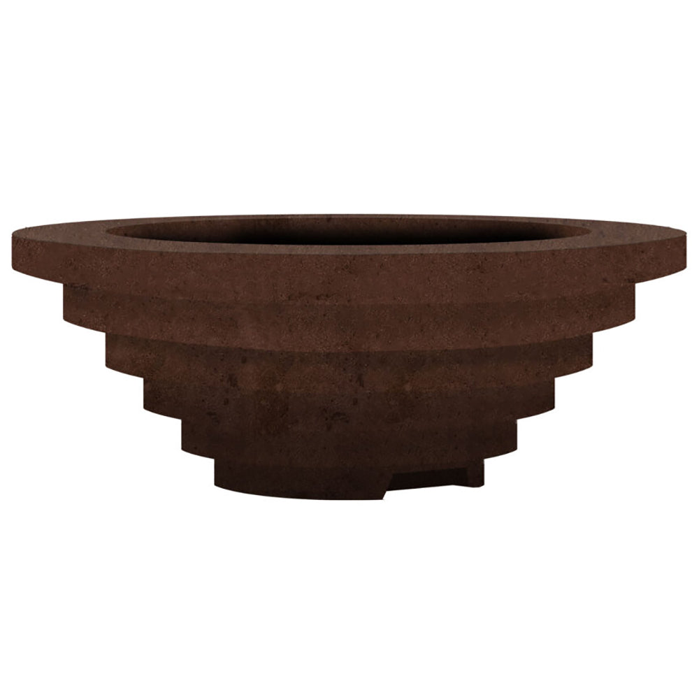 Concrete gas fire pit with round recessed burner and stacked base, brown finish