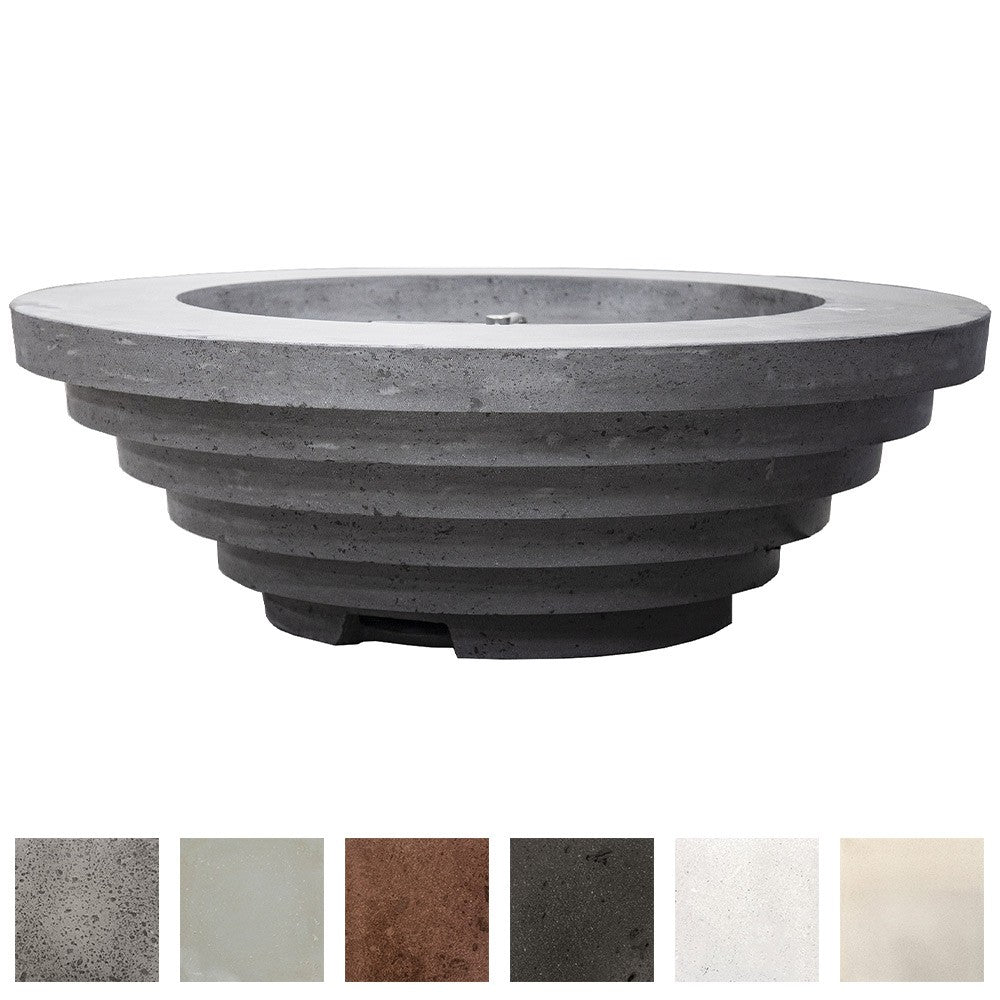 Round concrete gas fire pit bowl with central burner opening, light gray