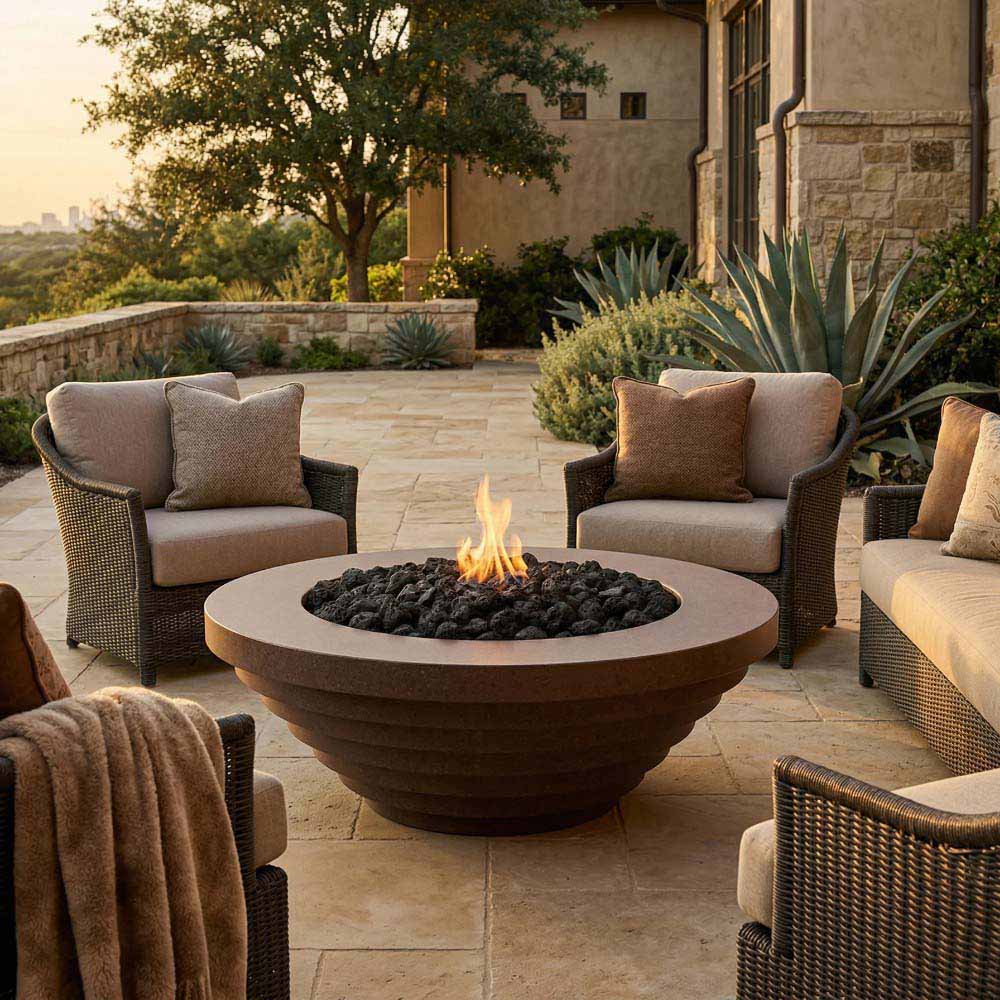 Concrete round gas fire pit with flames, centered on outdoor patio with seating