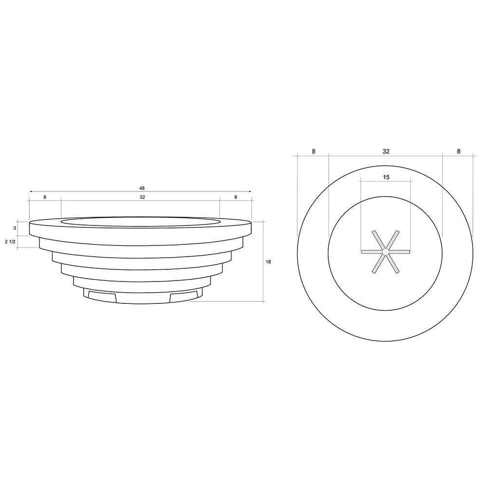 Round concrete gas fire pit with burner opening, side and top dimensions diagram