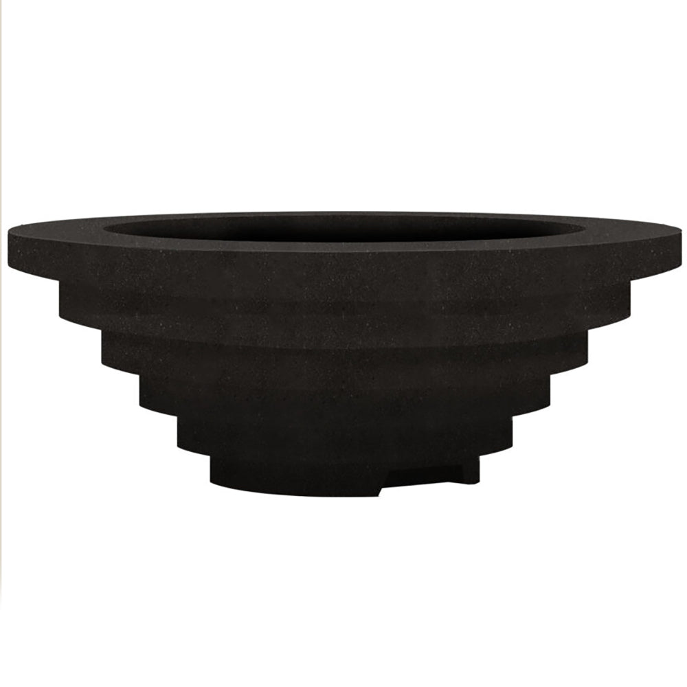Concrete gas fire pit with round recessed burner and stacked base, black finish
