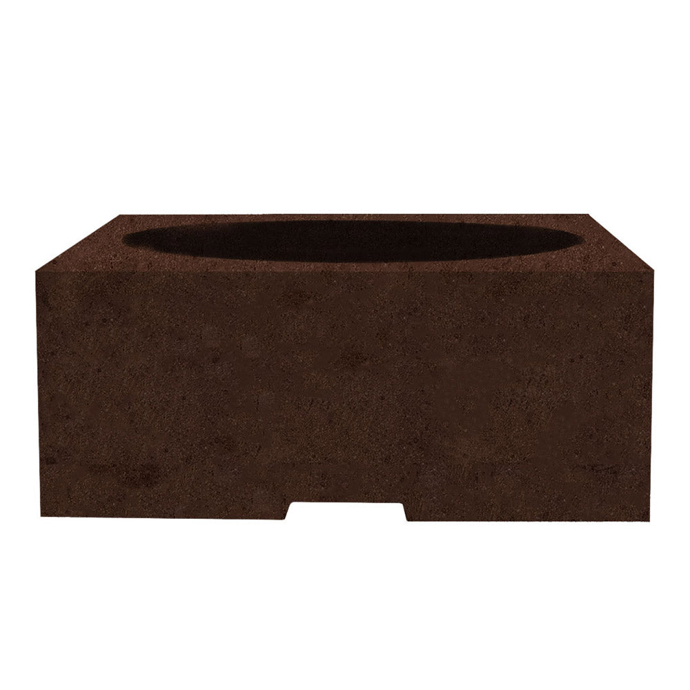 Concrete gas fire pit with open flame bowl and side handle cutout, dark brown finish.