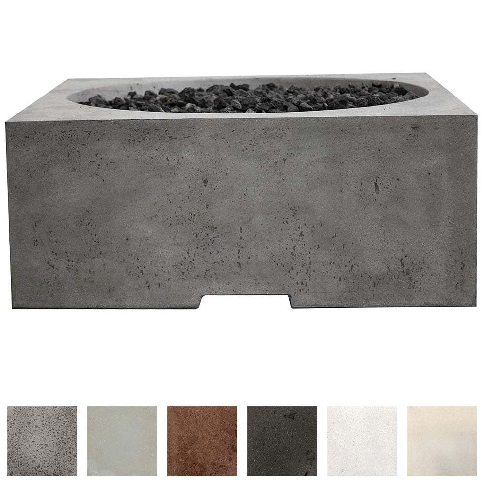 Gray square concrete gas fire pit with flame-ready burner pan opening