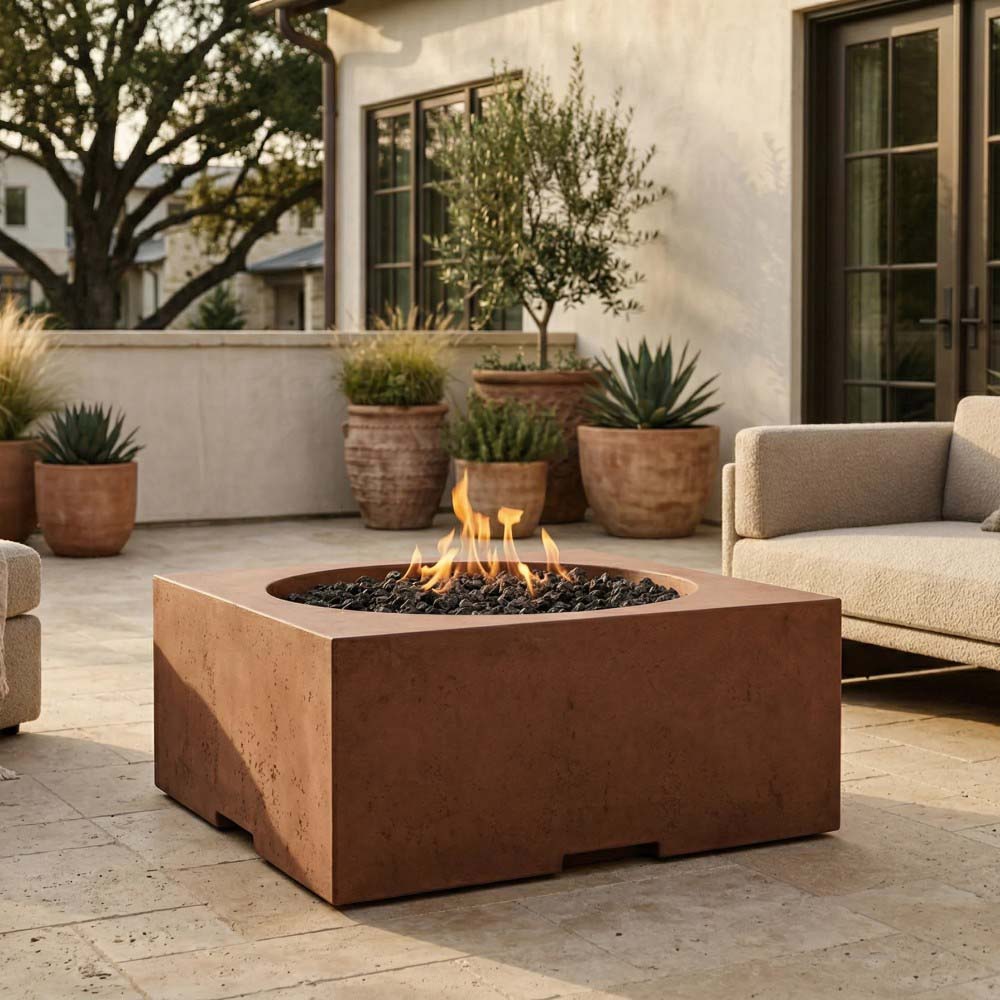 Rectangular brown concrete gas fire pit with burning flame and black lava bed