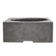 Concrete gas fire pit with open flame bowl and side handle cutout, medium gray finish.