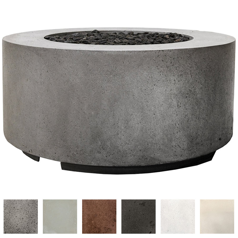 Cylindrical concrete gas fire pit with round burner opening, light gray finish.