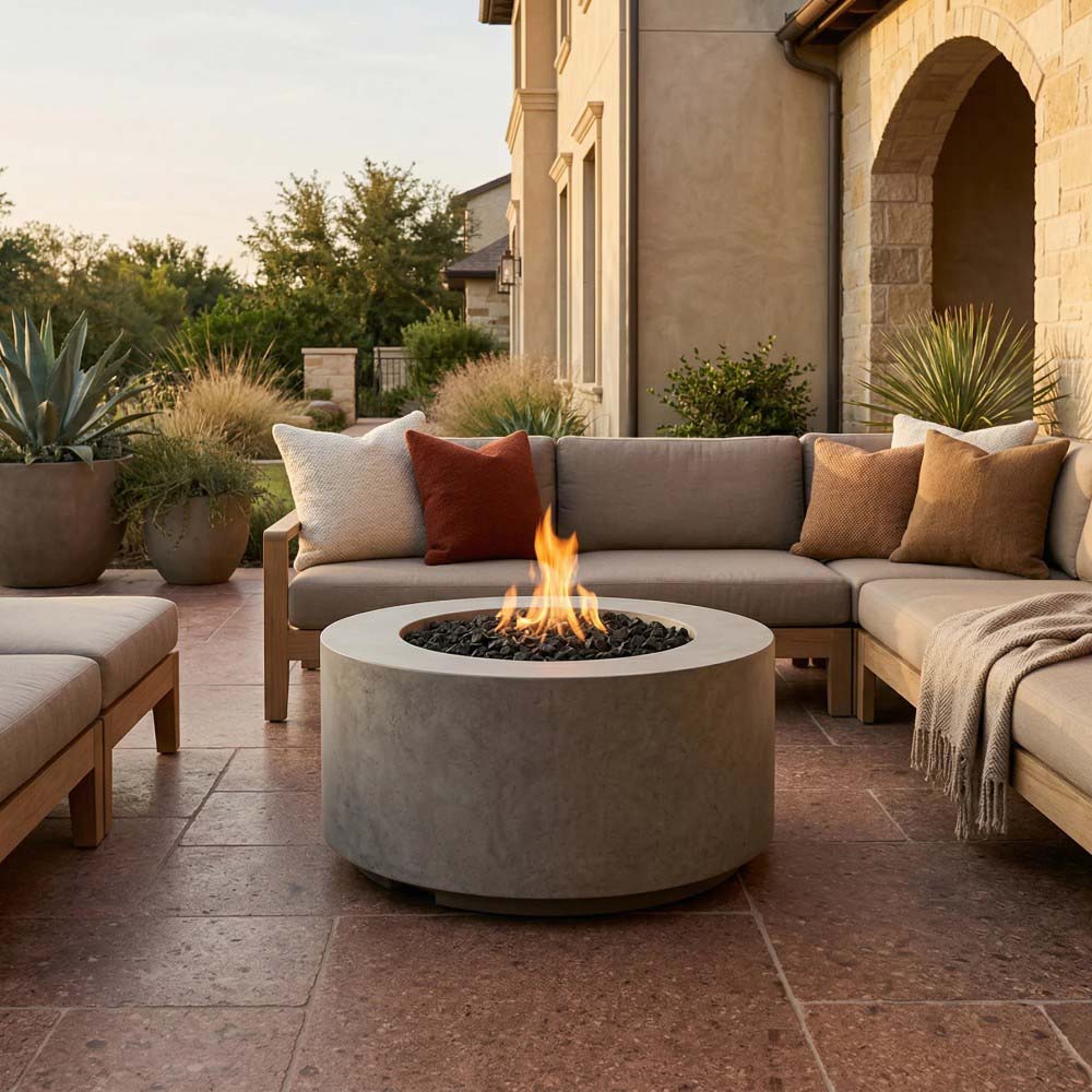 Concrete gas fire pit cylinder with flame, light tan finish and circular burner opening