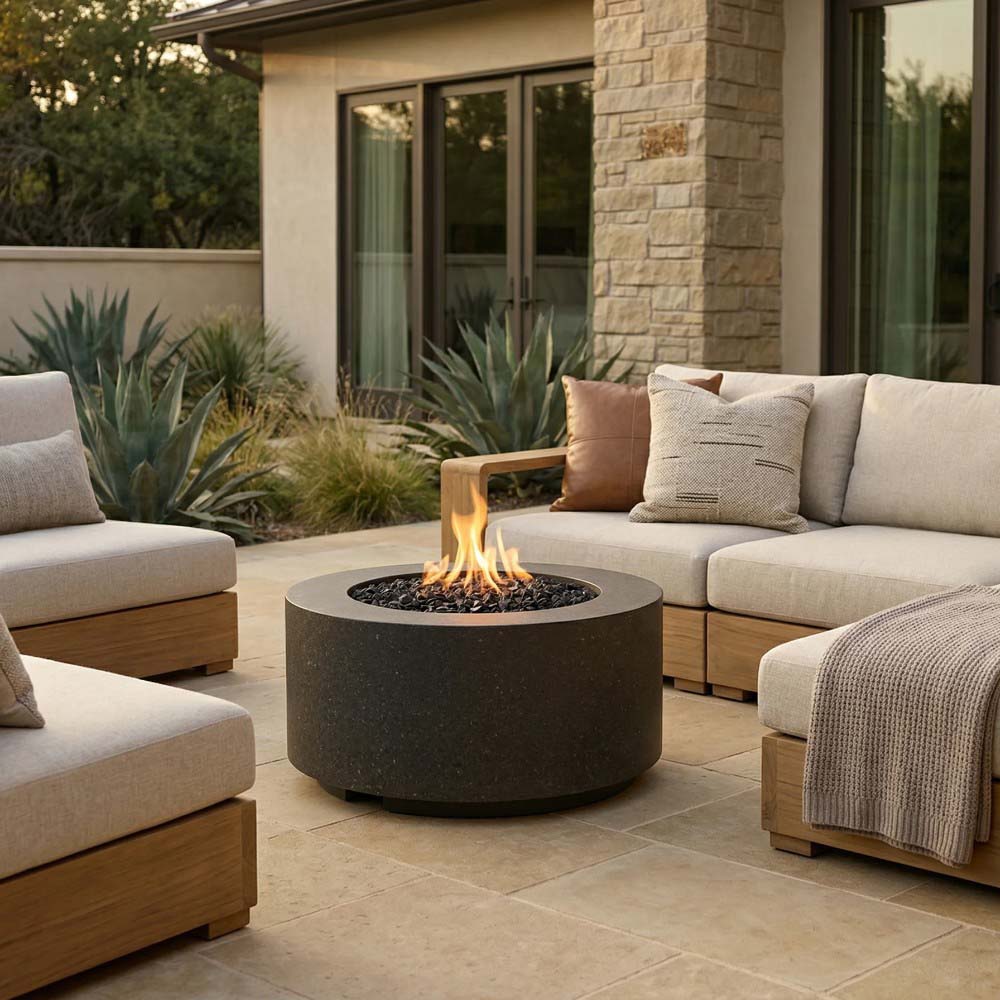 Concrete gas fire pit cylinder with flame, dark gray finish and circular burner opening