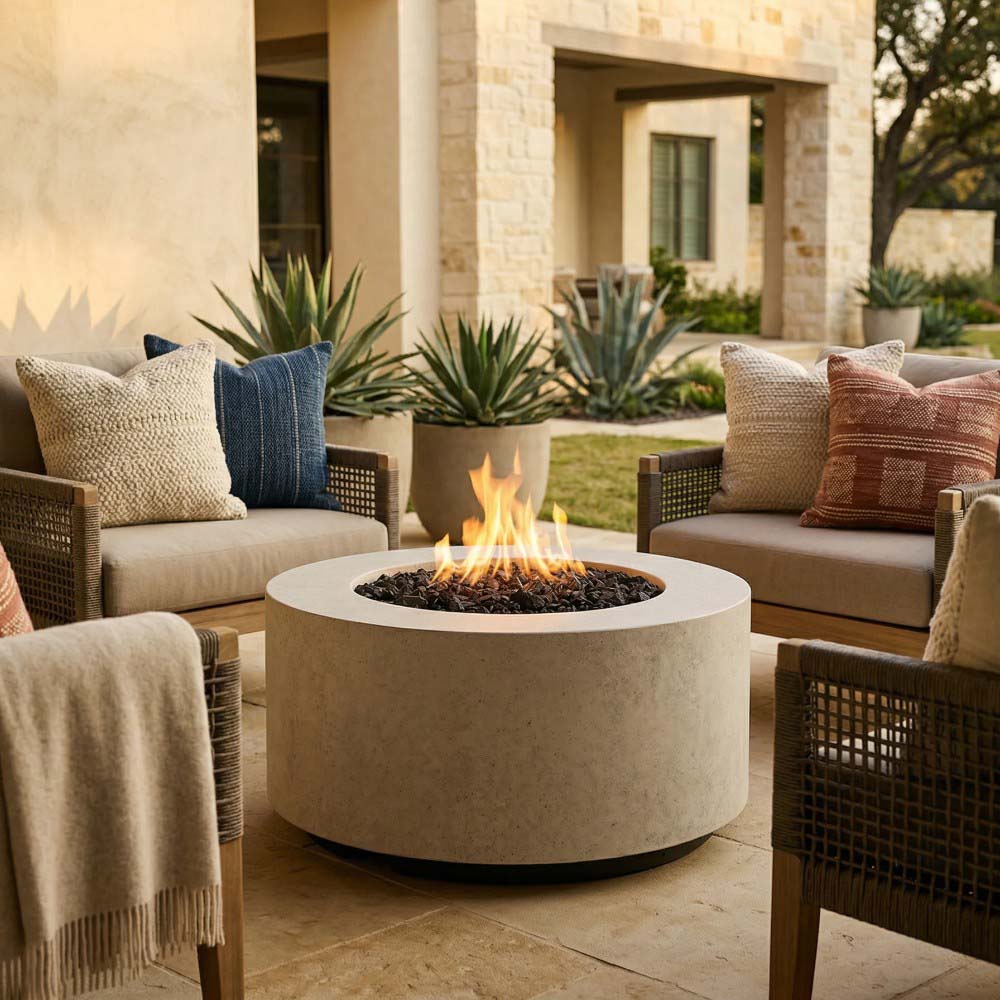 Concrete gas fire pit cylinder with visible flame and round fire bowl, light tan exterior