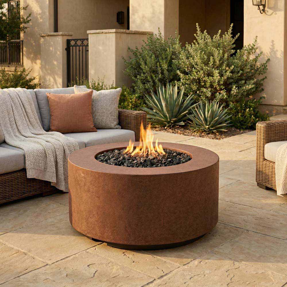 Concrete gas fire pit cylinder with flame, rust-brown finish and round fire bowl