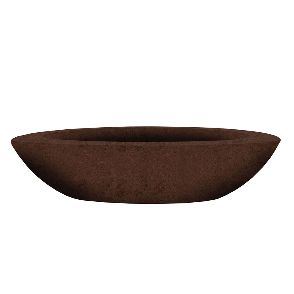 Brown oval concrete gas fire pit bowl with dark burner opening