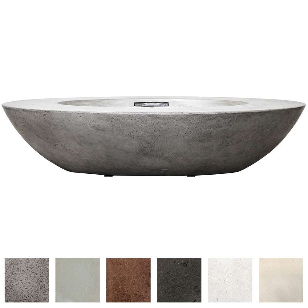 Concrete gas fire pit with oval bowl in dark gray, with built-in burner opening