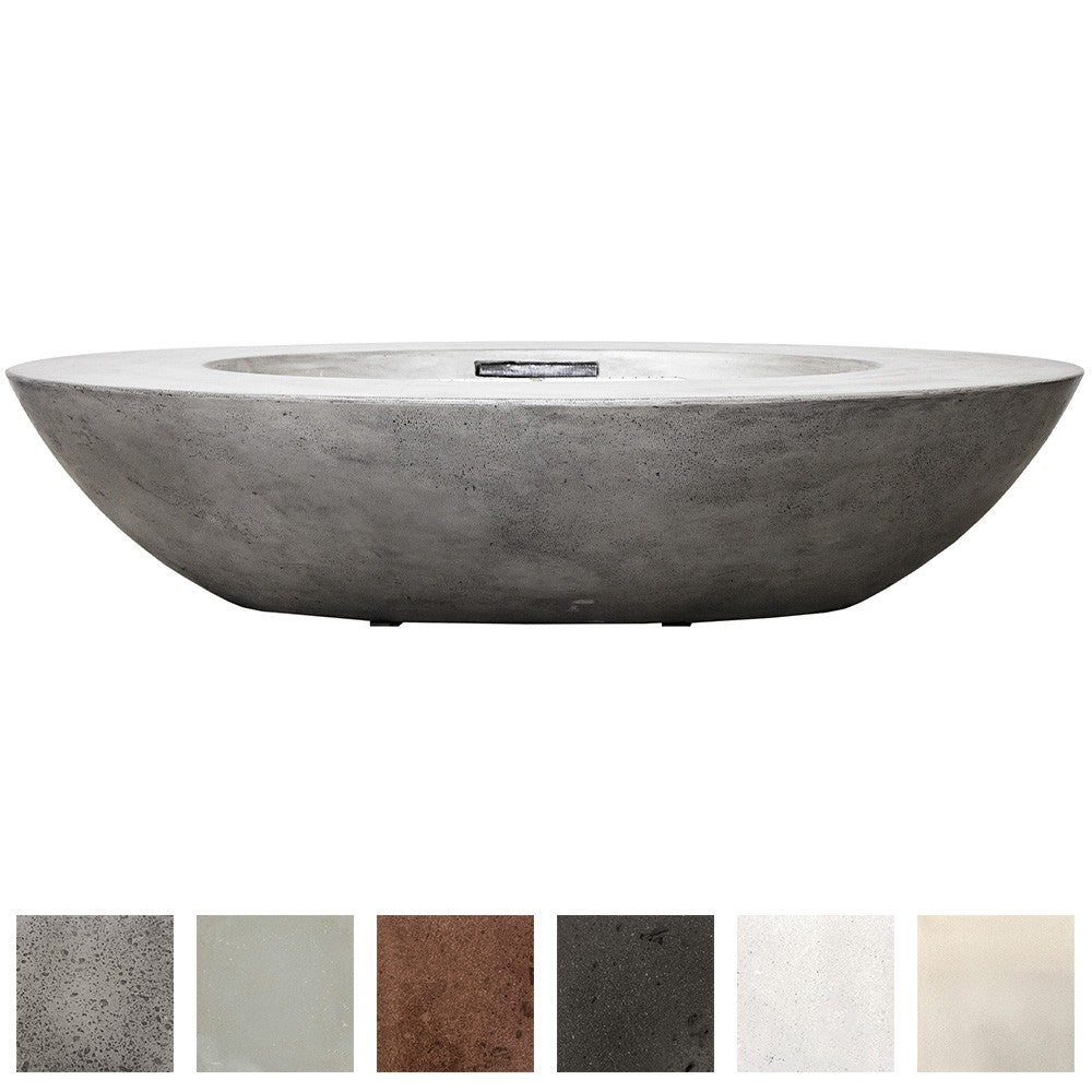 Light gray oval concrete gas fire pit with central burner opening