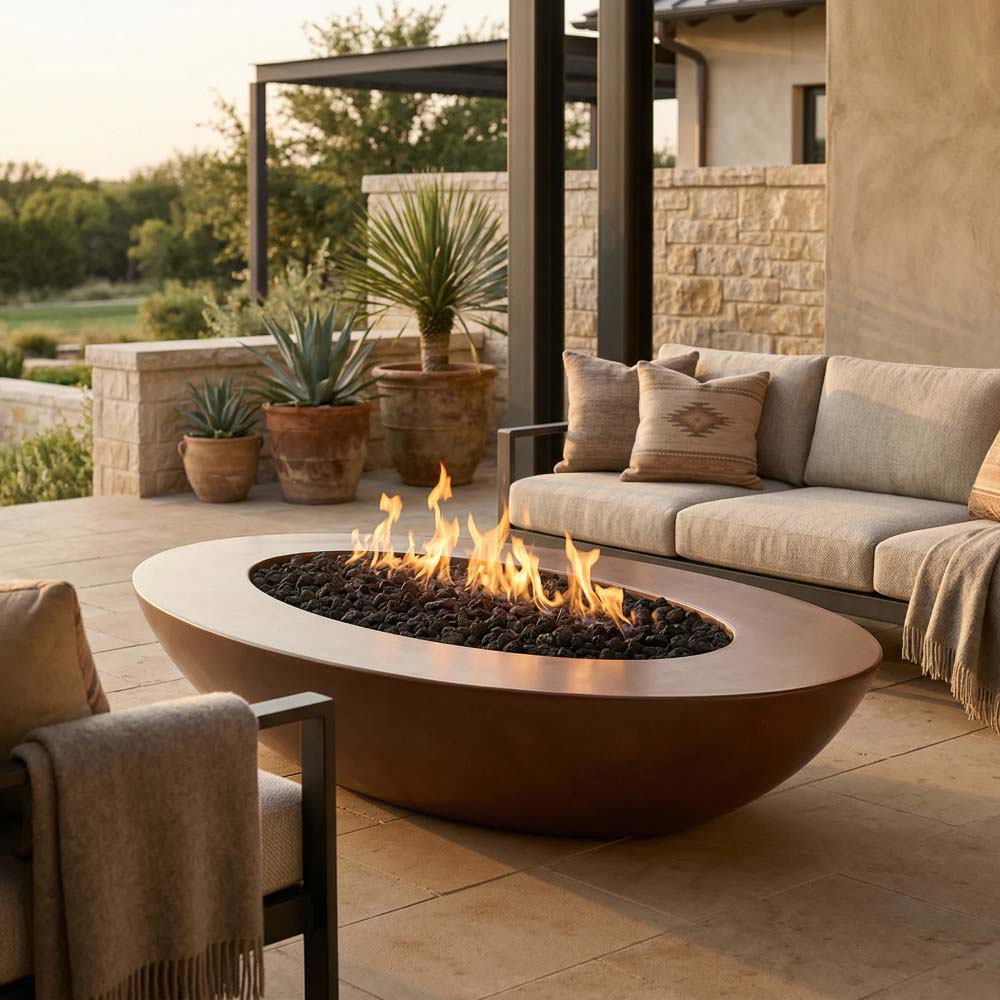Light gray oval concrete gas fire pit with burning flames and lava rocks