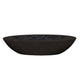 Concrete gas fire pit with oval bowl in dark finish, filled with black lava rocks