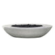Concrete gas fire pit with oval bowl in light gray, filled with black lava rocks