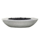 Light gray oval concrete gas fire pit filled with black lava rocks