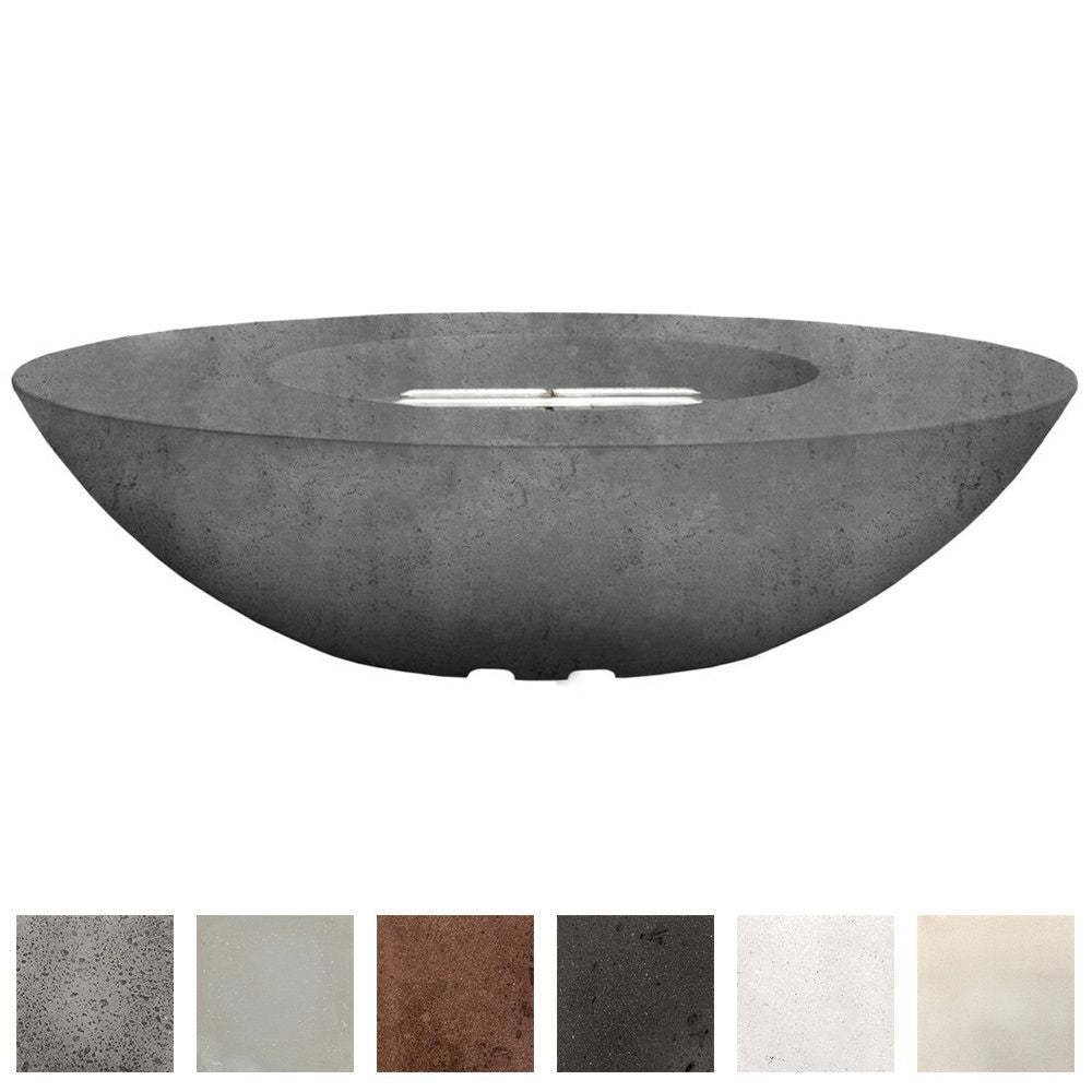 Grey oval concrete fire pit top view with burner opening and ignition slot