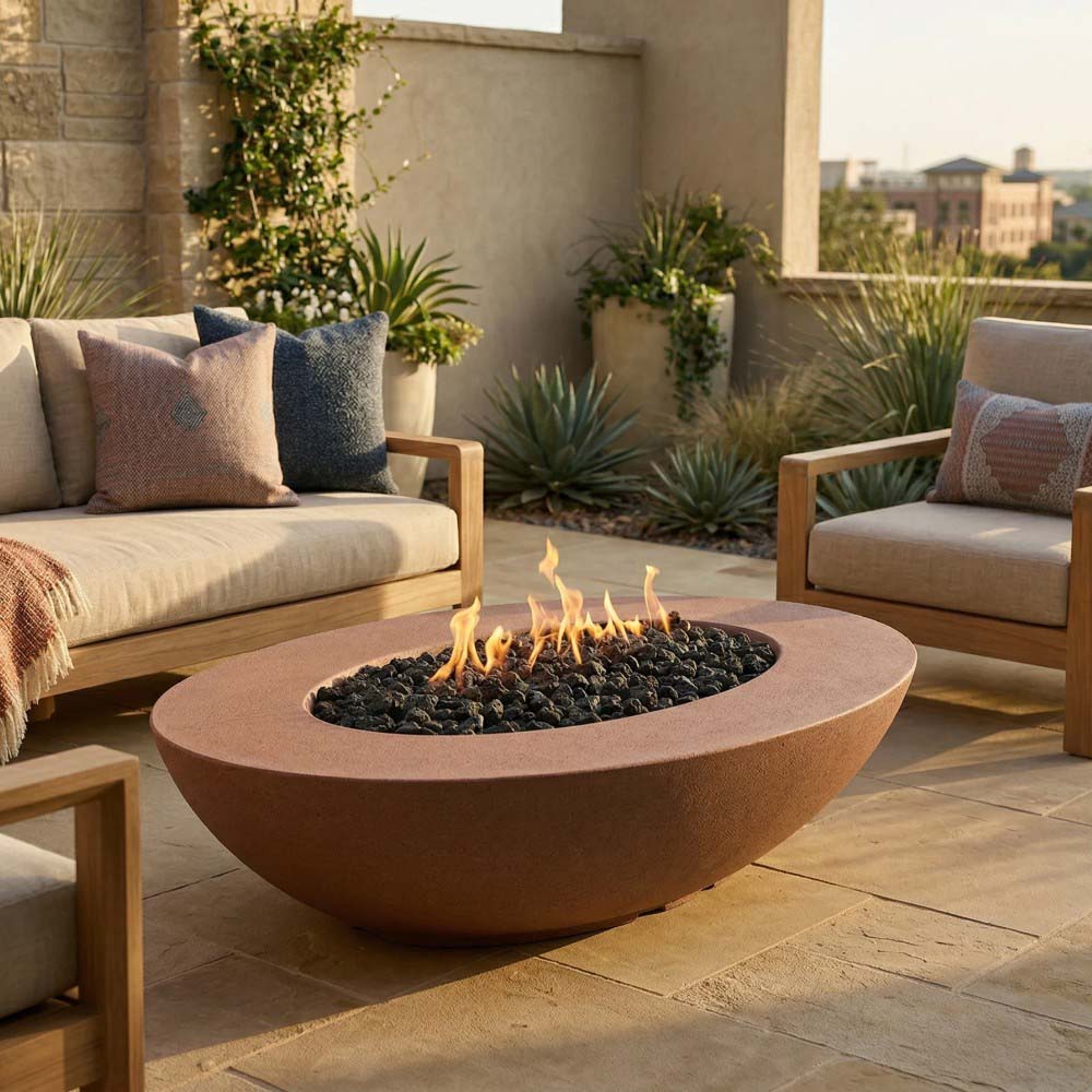 Tan oval concrete gas fire pit with flames and black lava rock insert