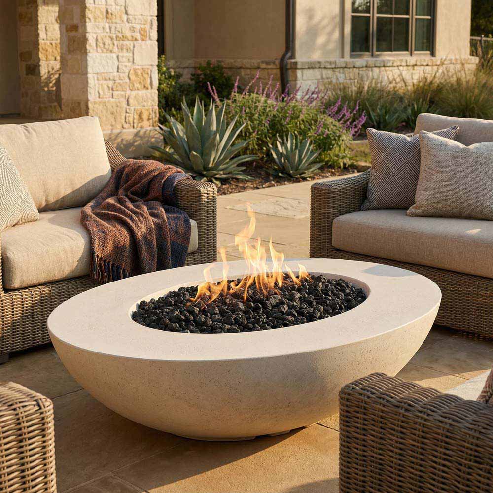 Oval concrete gas fire pit with flames and black lava rocks on outdoor patio