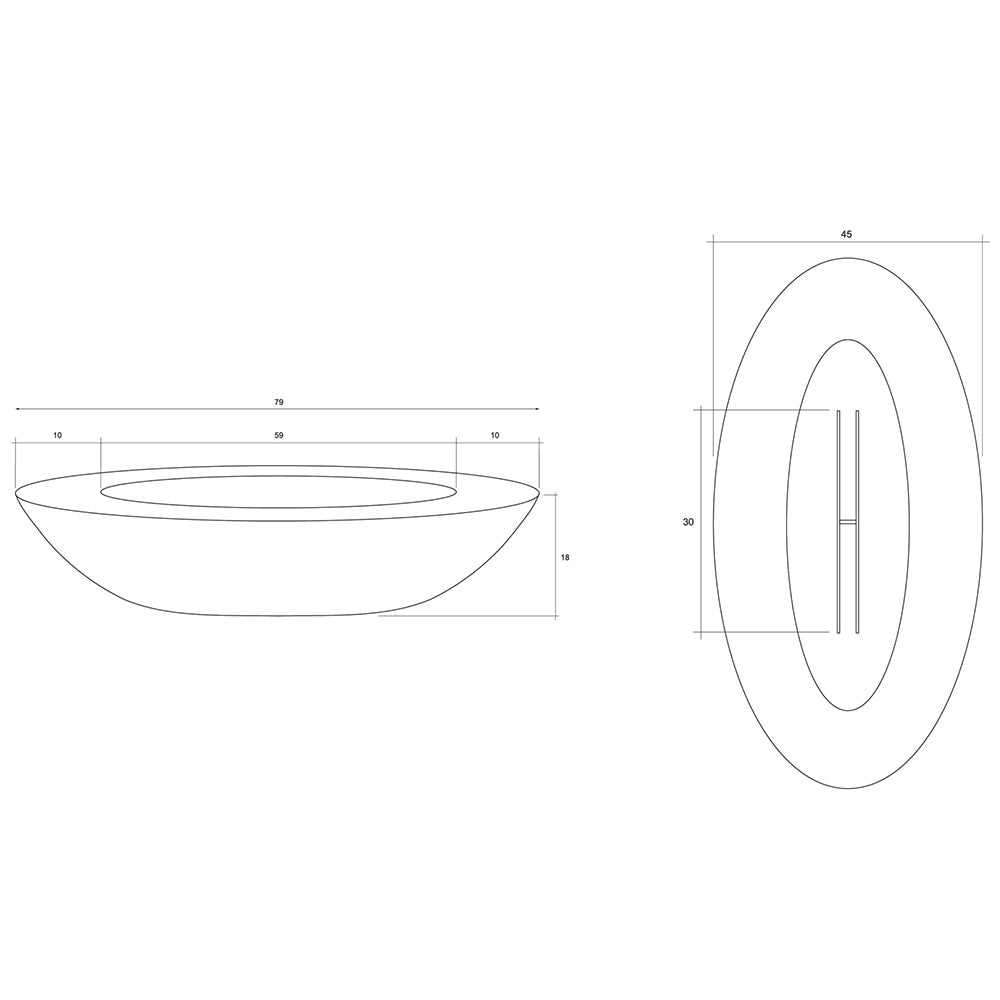 Oval gas fire pit dimensions diagram with burner tube outline