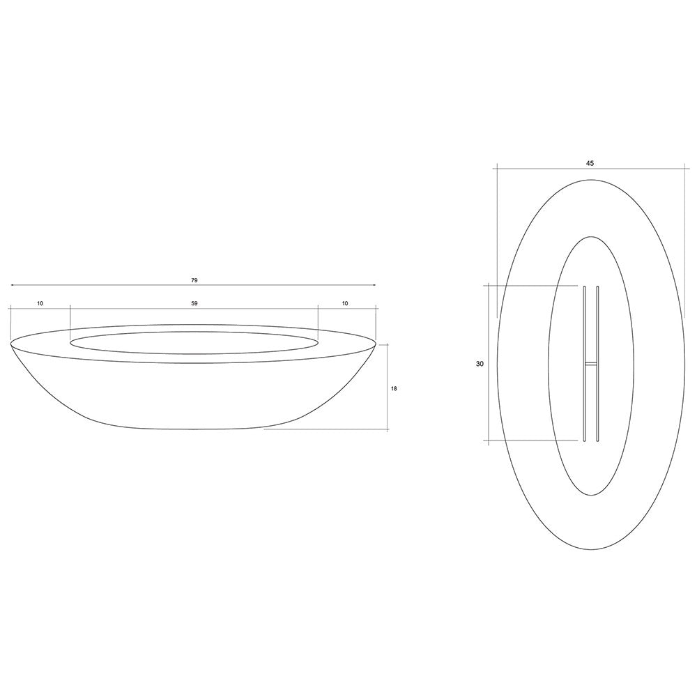 Oval concrete gas fire pit diagram showing outer shell, burner insert, and dimensions