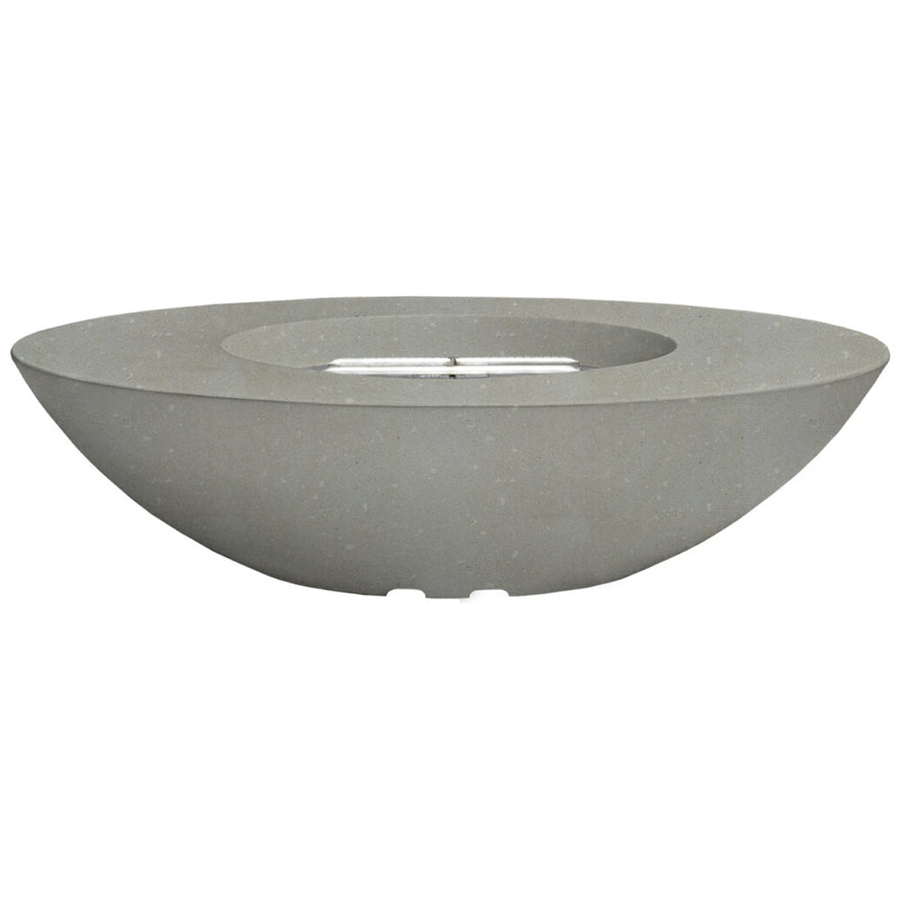 Oval concrete gas fire pit, light gray finish with burner opening