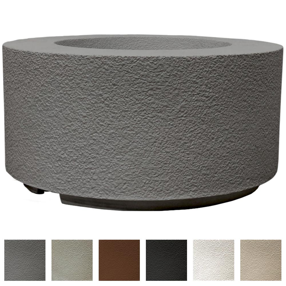 Gray cylindrical concrete gas fire pit with round burner opening on top.