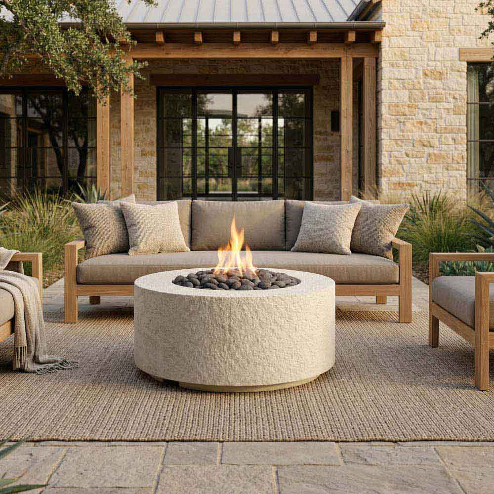 Round stone-textured concrete gas fire pit with flame over lava rocks