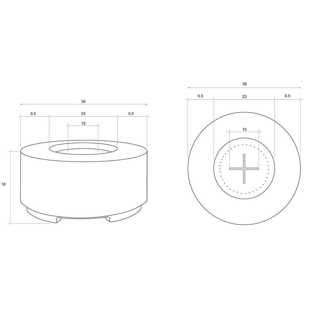 Concrete gas fire pit technical diagram with top and front dimensions