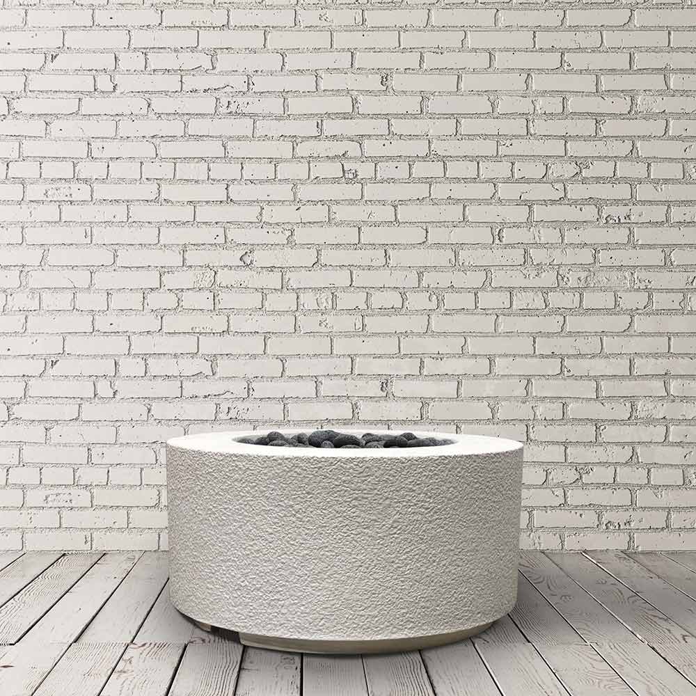 Light gray cylindrical concrete gas fire pit with round top burner opening.