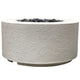 White cylindrical concrete gas fire pit filled with dark lava rocks.
