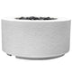 White cylindrical concrete gas fire pit filled with dark lava rocks on top.