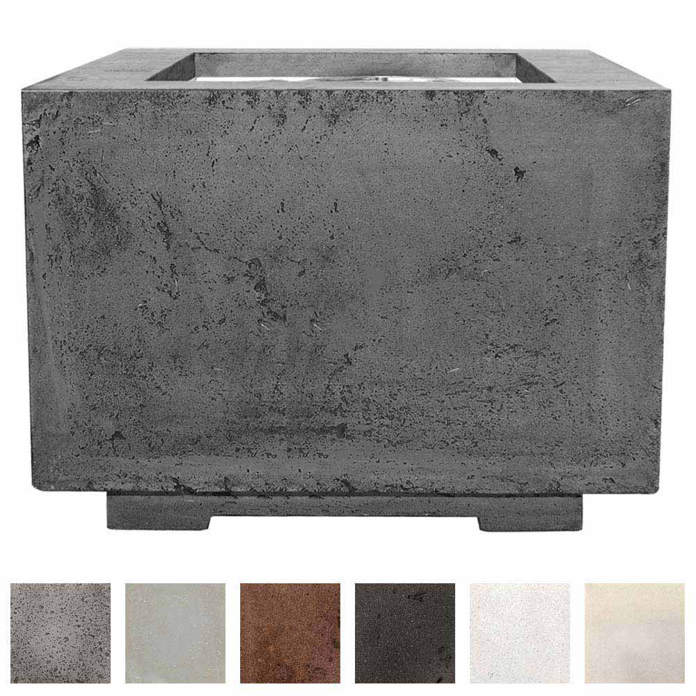 Concrete gas fire pit with rectangular open top and gray textured finish