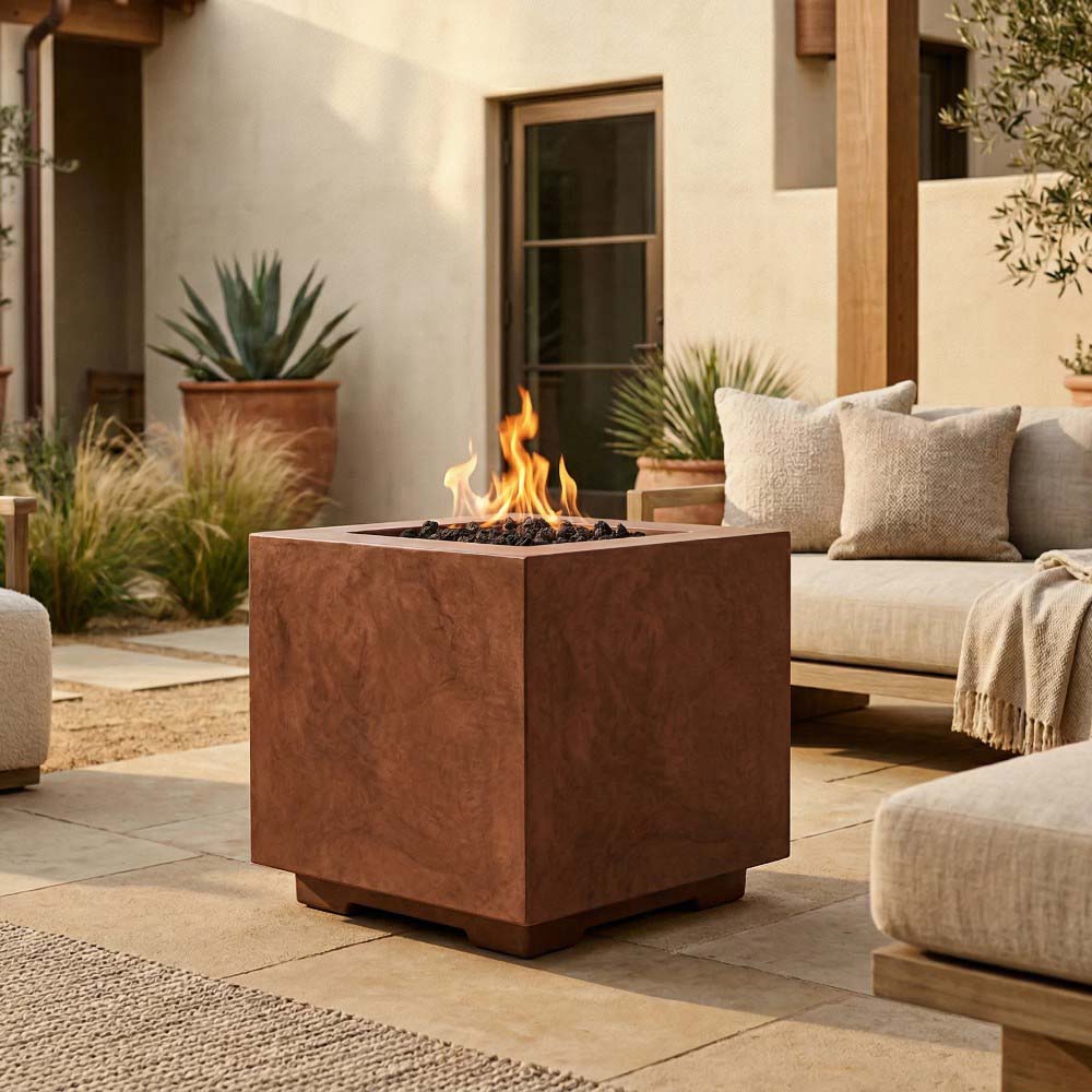 Square concrete gas fire pit with burning flames in a cafe finish