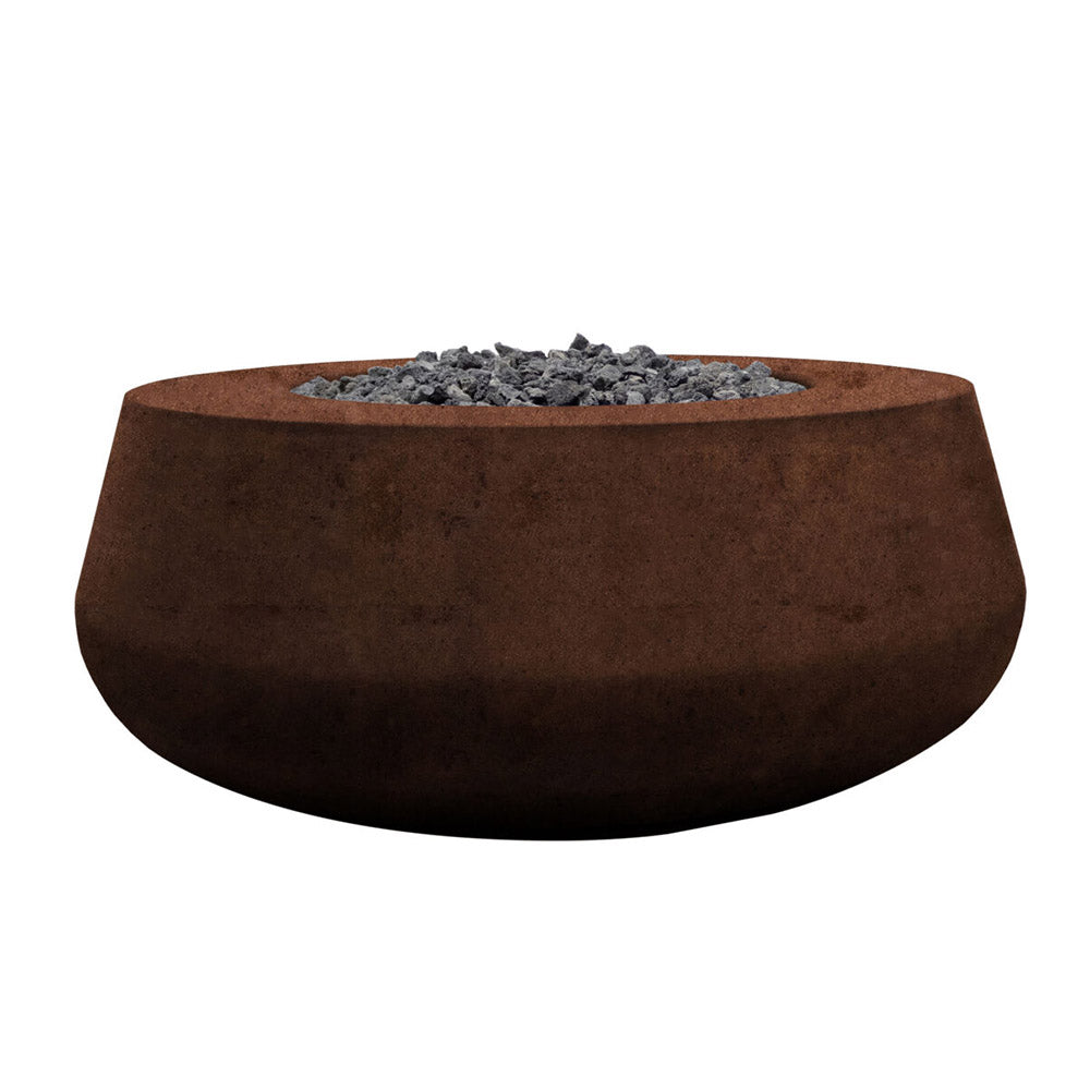 Concrete gas fire bowl in rust-brown finish with black lava rocks on top