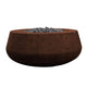 Concrete gas fire bowl in rust-brown finish with black lava rocks on top