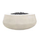 Concrete gas fire bowl in light white finish with black lava rocks on top