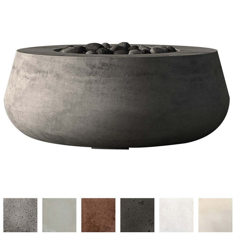 Dark gray concrete gas fire bowl with lava rocks and open fire burner