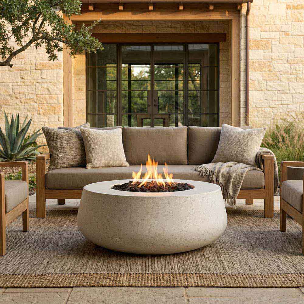 Stone-textured light gray concrete gas fire bowl with flames in center