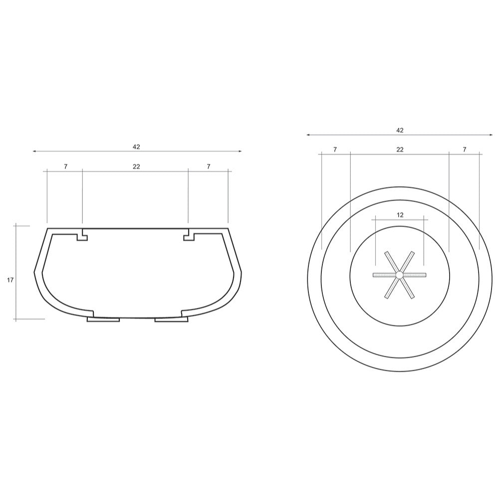 42-inch concrete gas fire bowl technical top and front dimension diagram