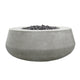 Concrete gas fire bowl in light gray finish with black lava rocks on top