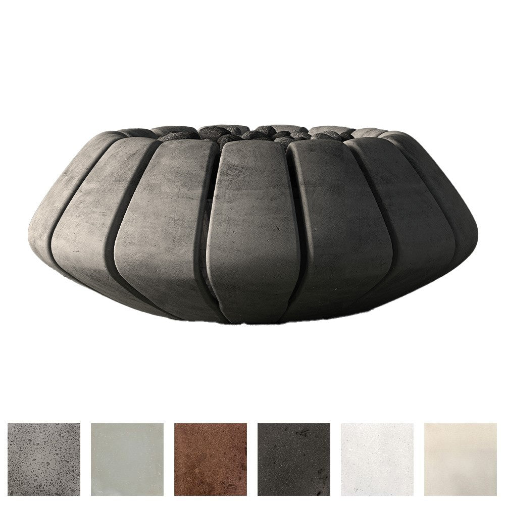 Dark gray concrete gas fire bowl with ribbed hemispherical design and fire flame opening