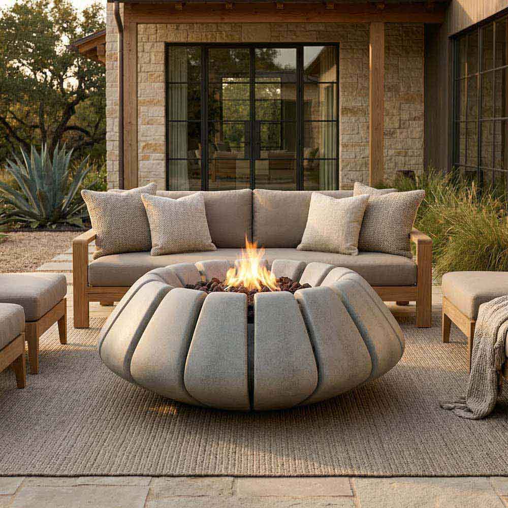 Light tan concrete gas fire bowl with ribbed front and center flames