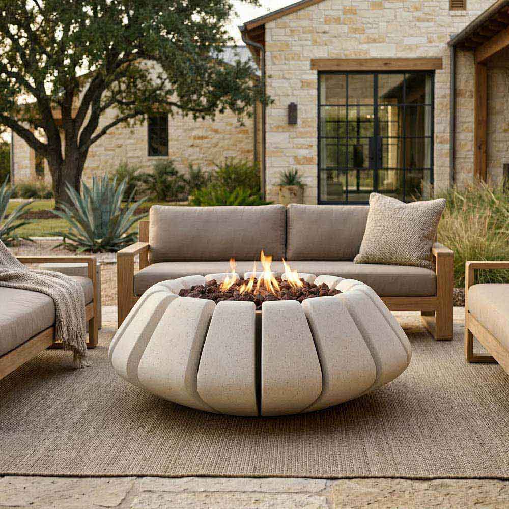 Light tan ribbed concrete gas fire bowl with flames visible in center burner
