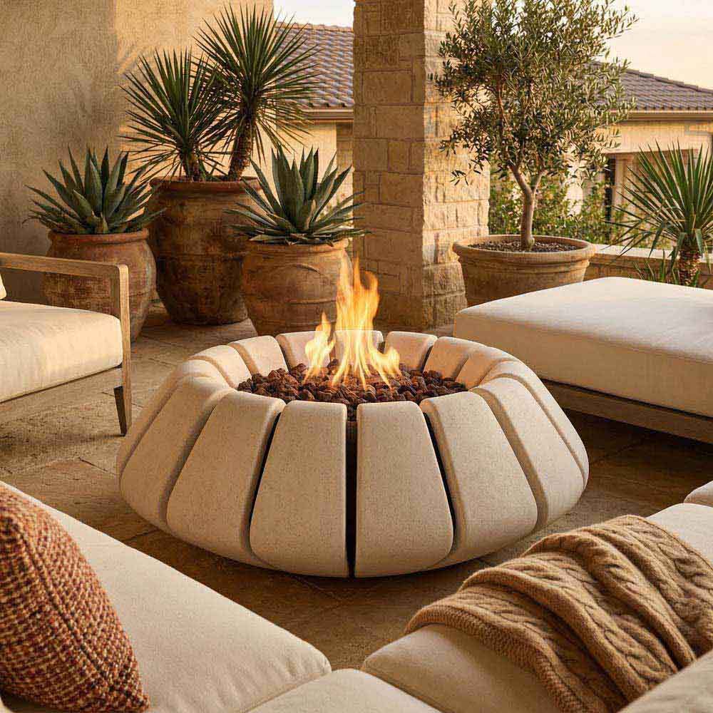 Light tan concrete gas fire bowl with ribbed shell and visible flame opening