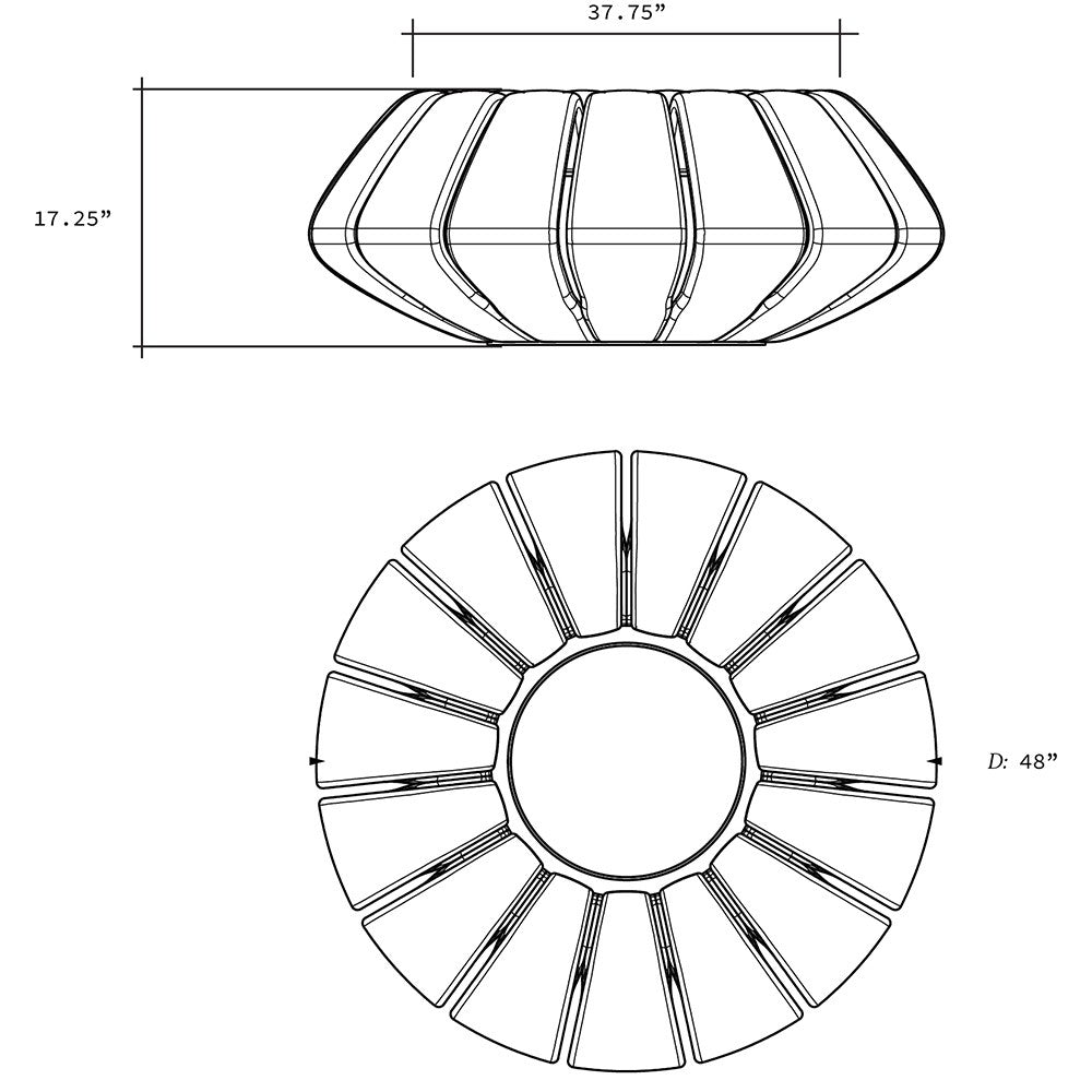 Ribbed concrete gas fire bowl diagram with top view and 48 in diameter