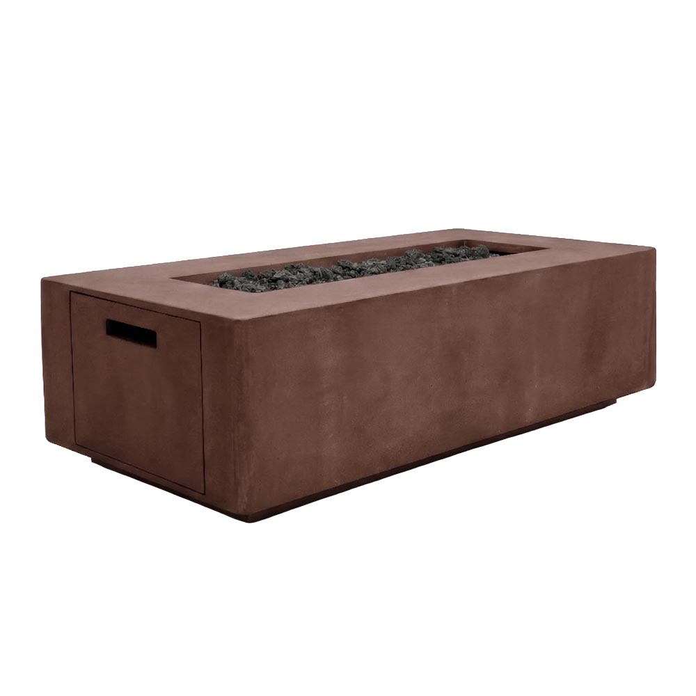 Rectangular concrete propane gas fire pit with side access door, cafe brown finish