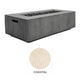 Rectangular dark gray concrete propane fire pit with side door and rock burner bowl